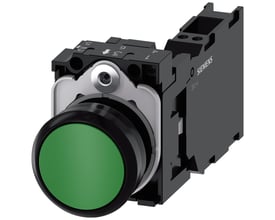 Siemens 22mm trykknap i grøn, rund og flad, med 1NO+1NC kontaktblok monteret.