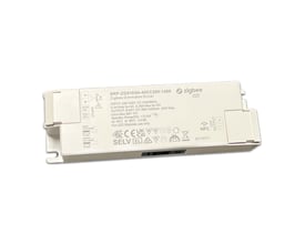Hvid Envilar Zigbee LED-paneldriver med terminalender, NFC-markering og specifikationer trykt på huset.