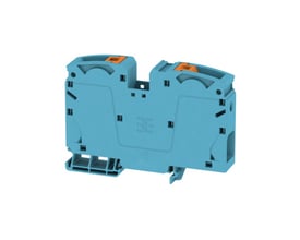 Blå 2-polet Weidmüller A2C 35 BL gennemgangsklemme med push-in tilslutning, set fra en let vinkel.