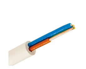 Nexans EXQ Easy 3G2,5 installationskabel med afisoleret ende, der viser orange og blå ledere samt jordleder i grå, hvid kappe.