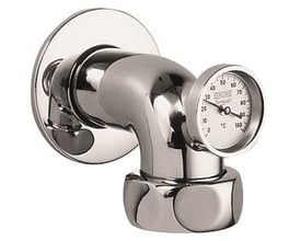 Detaljeret billede af Grohe Lahr afgangsbøjning, der tydeligt viser termometerets skala fra 0 til 100 grader Celsius.