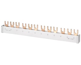 Siemens samleskinne gaffel 5ST, 3-faset, 16 mm² og 56 moduler i hvidt kabinet med kobberledninger.