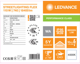 Teknisk produktgrafik for Ledvance Streetlight Flex L, hvid gadebelysning med oplysninger om effekt og lysstyrke.