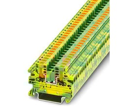 Phoenix Contact Jordklemme PTV 2,5-PE med push-in-tilslutning, grøn/gul, viser flere tilslutninger og monteringsskinne.