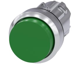 Siemens 22mm trykknap i metal med højglans finish og en forhøjet grøn knap, klar til brug.