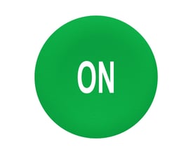 Schneider Electric grøn trykflade med hvidt ON-symbol, designet til Ø30 mm flush trykknaphoveder.