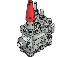 Danfoss Ventilstation ICF 25-4-8, en teknisk illustration i gråtoner med rød og grå betjeningshætte på hvid baggrund.