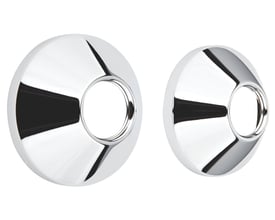 To skinnende kromfarvede Grohe rosetter til blandingsbatterier, vist på hvid baggrund.