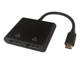 Sort Deltaco USB-C MST hub med to DisplayPort-udgange og en USB-C-stik, klar til tilslutning.