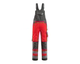 Mascot overall 15569 i hi-vis rød/antracit, str. 76C54, med synlige lommer, seler og refleksdetaljer.