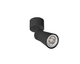 Nærbillede af SLV PURI CW loftlampen i sort med tændt GU10 pære og synlige detaljer på lampehovedet.