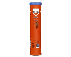 Bagside af Rocol Purol Grease tube, der viser produktinformation, NSF-certificering og anvendelsesområder.