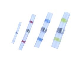 Oversigtsbillede af fire isolerede loddemuffer med farvekodede ringe og tin, klar til lodning.