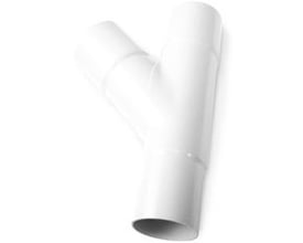 Plastmo grenrør i hvid plast med en 45° vinkel og en diameter på 75 mm, perfekt til tagrendesystemer.