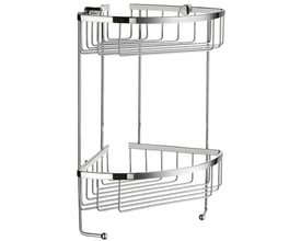 Smedbo dobbelt hjørnebrusekurv i blank krom, fremstillet af massiv messing med to praktiske kroge til ophæng.