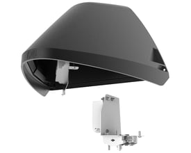 Ansell Lighting WOLF vægarmatur i sort med asymmetrisk lysfordeling, vist med dele adskilt for montering på hvid baggrund.