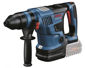 Nærbillede af Bosch GBH 18V-34 C Professional akku borehammer med ProCORE18V batteri, der viser 'Turbo' og 'Brushless' teknologi.