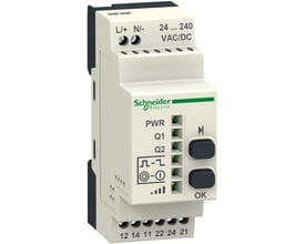 Detaljeret billede af Schneider Electric Harmony ZBRRA trådløs trykmodtager i lys beige, der viser status-LEDs, betjeningsknapper og DIN-skinne montering.