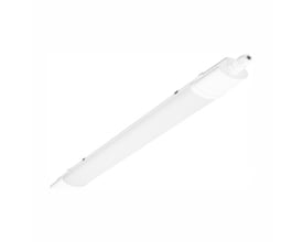 Hvidt SpectrumLED LED-armatur på 60 cm med 18 W, 2160 lm, 4000 K og IP65, vist skråt med endestykke.