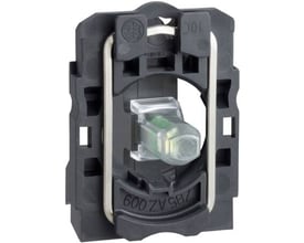 Nærbillede af en Schneider Electric Harmony Style 5 lampekrop, hvid LED, til 240V AC, med synlige terminaler og fastgørelsesmekanisme.