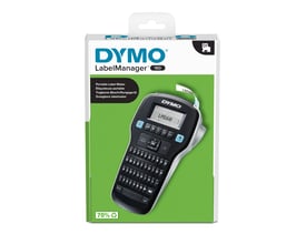 DYMO LabelManager 160 håndholdt labelprinter med QWERTY-tastatur ses på forsiden af den grønne produktemballage.