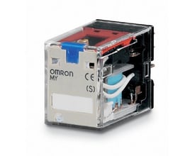 Omron skifterelæ MY2IN-GS-R DC24, 8-pin DPDT, 10A, med fokus på de interne komponenter og ledninger.