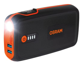 Osram BATTERYstart 300 jumpstarter med powerbank, 13.000 mAh, sort med orange detaljer og tændt lygte.