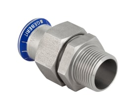 Geberit Mapress union i rustfrit stål til 15mm rør og R¾" gevind, med en blå mærkningsring.
