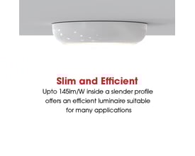 Ansell Lighting Disco Evo 1 plafond i hvid, vist monteret på et hvidt loft med tekst der fremhæver effektivitet.