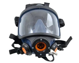 Sundström Safety SR-200 Airline helmaske i blå og sort med stort klart visir og orange detaljer, set forfra.