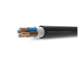 Kabel 4x2,5 RZ1-K flex med sort ydre kappe og fire indre ledere: brun, blå, sort og grå.