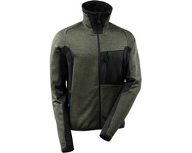 Mascot fleecetrøje i mosgrøn og sort med kropsnær pasform, høj krave og lynlåslommer.