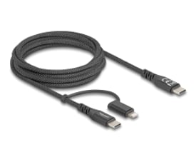 DeLock 2-i-1 USB-C til USB-C og Lightning kabel, 2 meter, sort, med stofbeklædning og sammenrullet på hvid baggrund.
