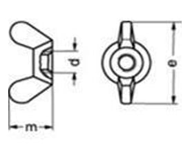 Tegning af M3 A4 DIN 315 fløjmøtrik i syrefast stål, amerikansk model, med dimensioner angivet.