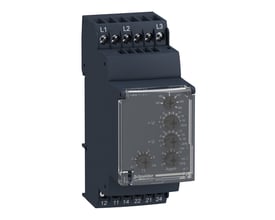 Schneider Electric Zelio spændingskontrolrelæ med tre fase L1, L2, L3 terminaler og justeringsknapper til over-/underspænding samt asymmetri.