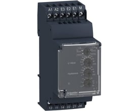 Schneider Electric Harmony RM35UA12MW spændingsrelæ til DIN-skinne montering med justeringsskruer for U-værdi, hysterese og tidsforsinkelse.