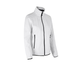 ID Identity softshell jakke til damer i hvid, størrelse 2XL, vist fra siden med lynlås og sorte detaljer.