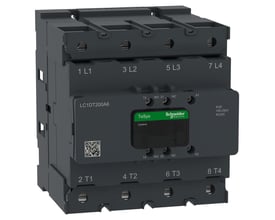 Schneider Electric TeSys Deca Advanced 4-polet kontaktor, 200A, med 100-250V AC/DC spole og 1NO+1NC hjælpekontakter, vist med tydelige mærkninger.