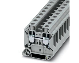Detaljebillede af Phoenix Contact UT 16 gennemgangsklemme, der viser monteringsdetaljer og skruetermineringer for 16mm² ledere.