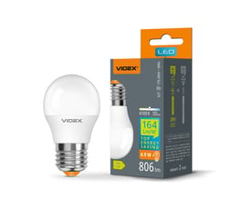 Videx LED-kronepære G45 med E27-fatning og neutralhvidt lys, vist sammen med emballagen.