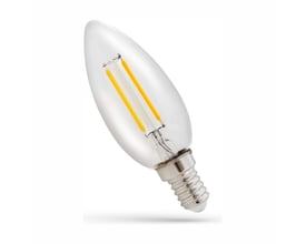 SpectrumLED LED-kertepære C35 på 1 W med klart glas og synlige gule kultråde, vist skråt med E14-fatningen fremme.