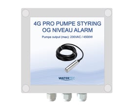 Watertec 4G PRO pumpestyring med niveaualarm, gråt styreskab, sort kabel og niveausensor i metal.