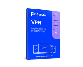 F-Secure VPN 1 års abonnement, viser produktpakken i blå og hvid med ikoner for beskyttelse og tilgængelige enheder.