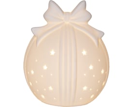 Lukket billede af Star Trading Rozy keramisk deko kugle, designet som en gave med sløjfe og udskårne stjerner.