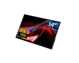 Verbatim bærbar 14" FHD touchskærm i sort, med Full HD 1080p opløsning og IPS panel, på hvid baggrund.