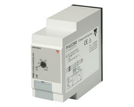 Carlo Gavazzi justerbart overvågningsrelæ til fasefølge, fasebrud og underspænding, set skråt forfra med diagram på siden.