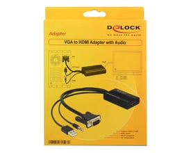 Retailæsken til Delock VGA-til-HDMI-adapteren med lyd viser adapteren, kablerne og et diagram over tilslutningen.