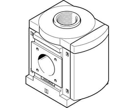 Festo forgreningsmodul MS9-FRM-G-VS, størrelse 9, vist i en teknisk tegning med fokus på monteringsdetaljer og gevind. Modulet er designet til pneumatiske systemer.