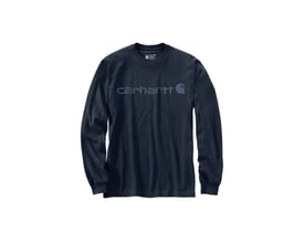 Carhartt Dearborn langærmet trøje i navy med afslappet pasform og stort logo trykt på brystet.