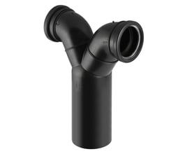 Geberit Dobbelt Klosetbøjning i sort PEH, 90° lodret, med diametre 110 mm og 90 mm, ideel til væghængt toilet.